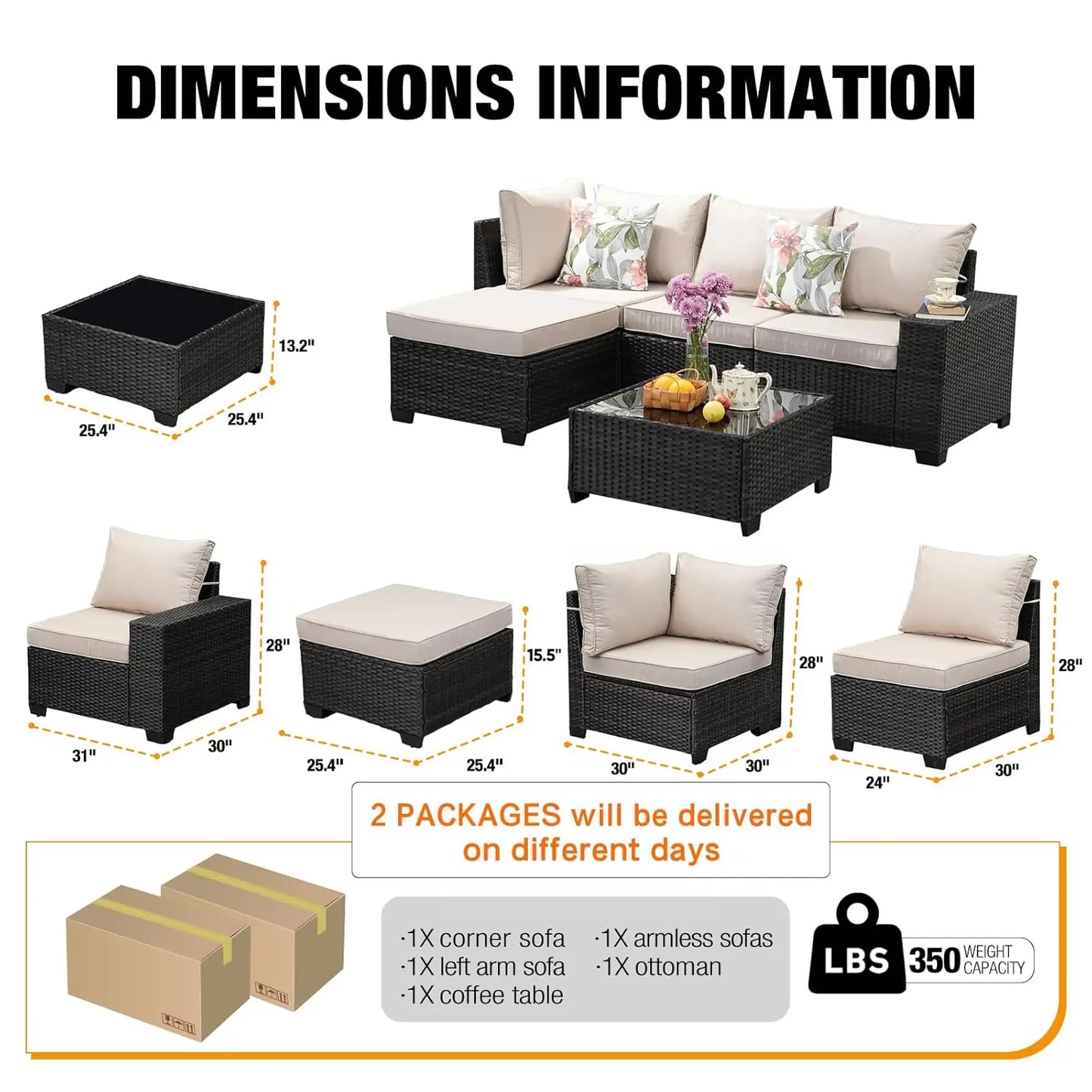HUANZHUANG 5 Piece OutdoorPatio Furniture Set AllWeather Wicker Sofa