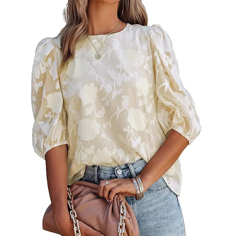 Women Puff Sleeve Chiffon Blouse Floral Lace Trim Loose Fit