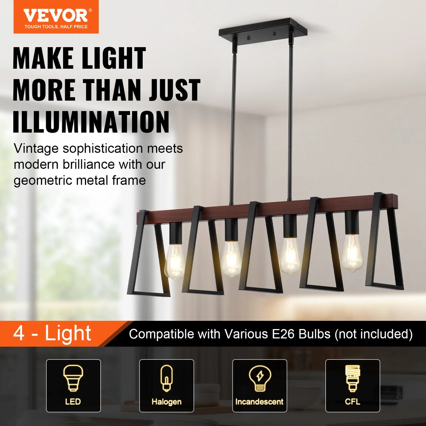 4 Light Kitchen Island Pendant Lights 60W Industrial Farmhouse Frame