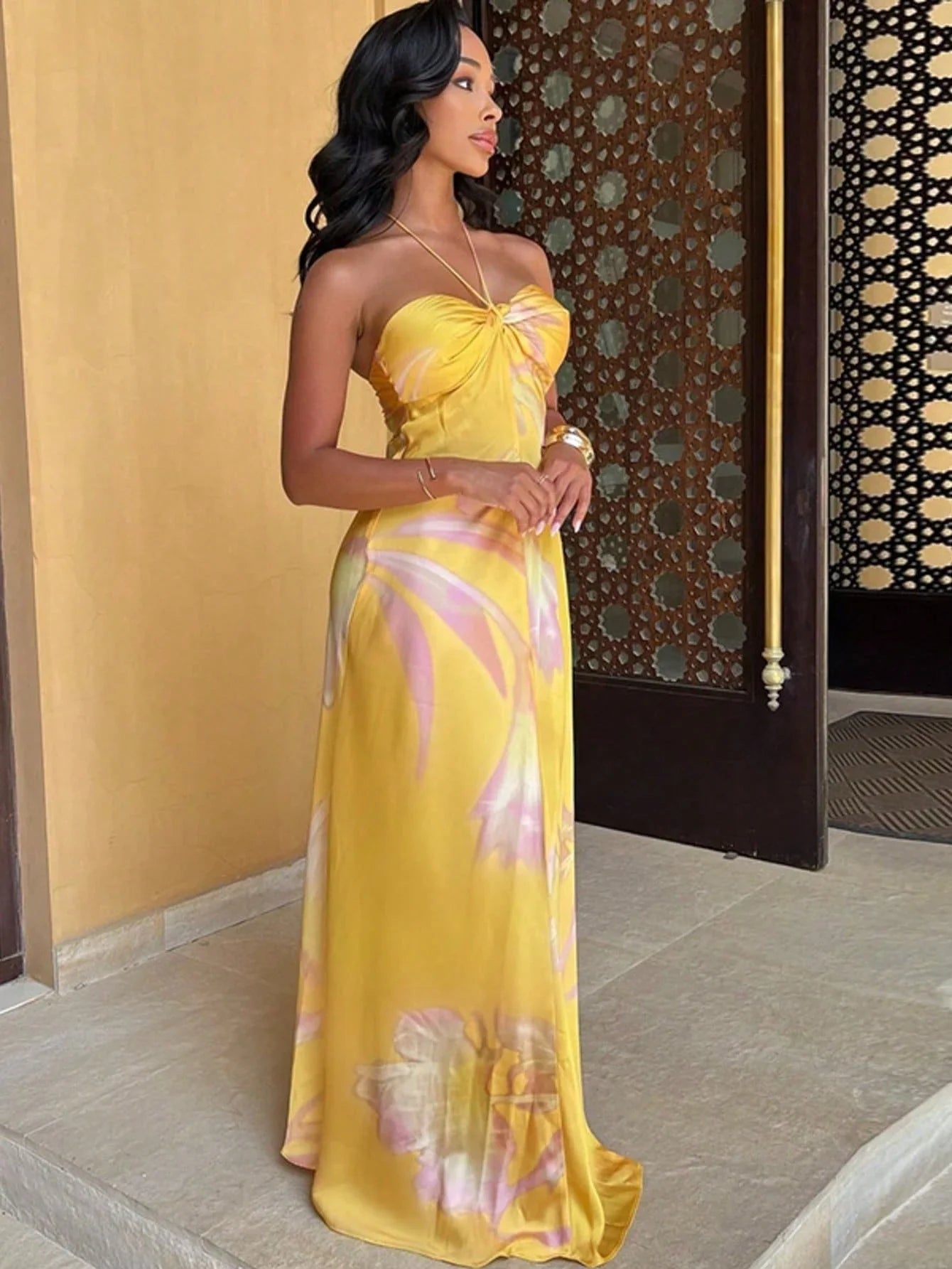 Abstract Print Halter Maxi Dress Satin Gown For Women Beach Wedding Guest
