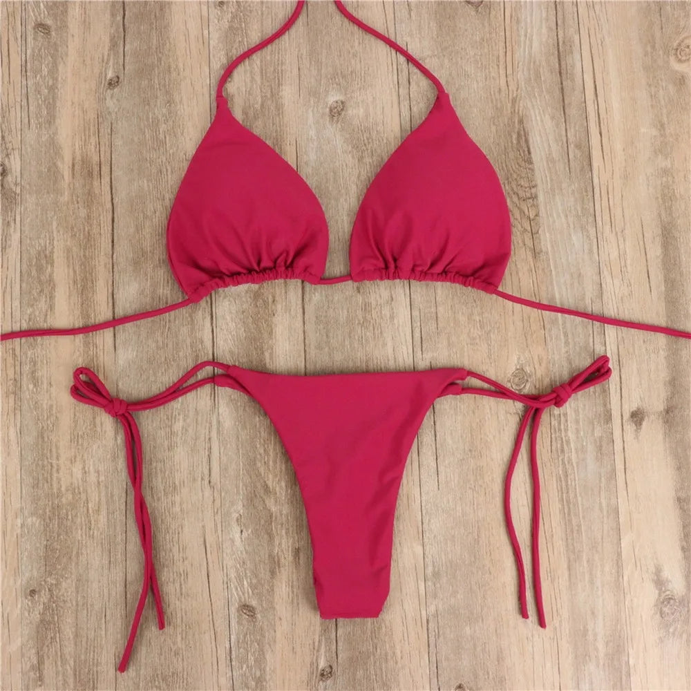 Women Halter Bikini Set Two Piece Solid Swimwear For Summer
