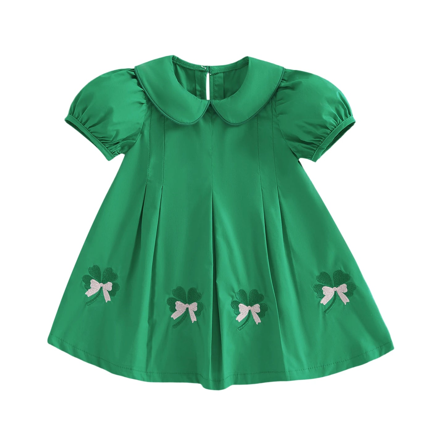 St Patrick Day Toddler Girl Dress With Shamrock Embroidery And Peter Pan Collar