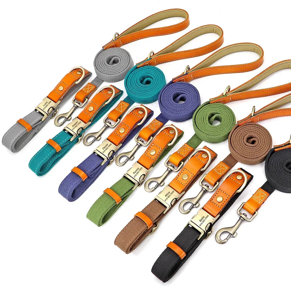 Nylon Custom Dog Collar Leash Set With Personalized Nameplate ID