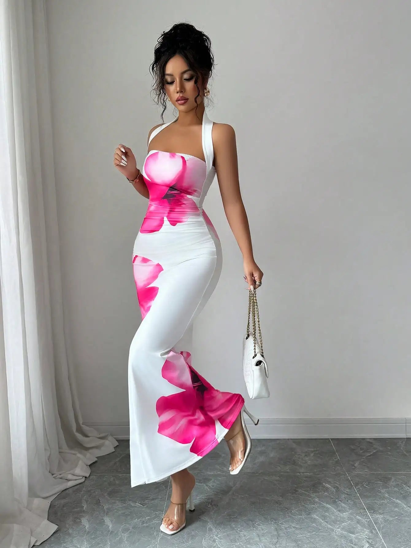 Halter Neck Floral Print Slim Fit Midi Dress For Summer