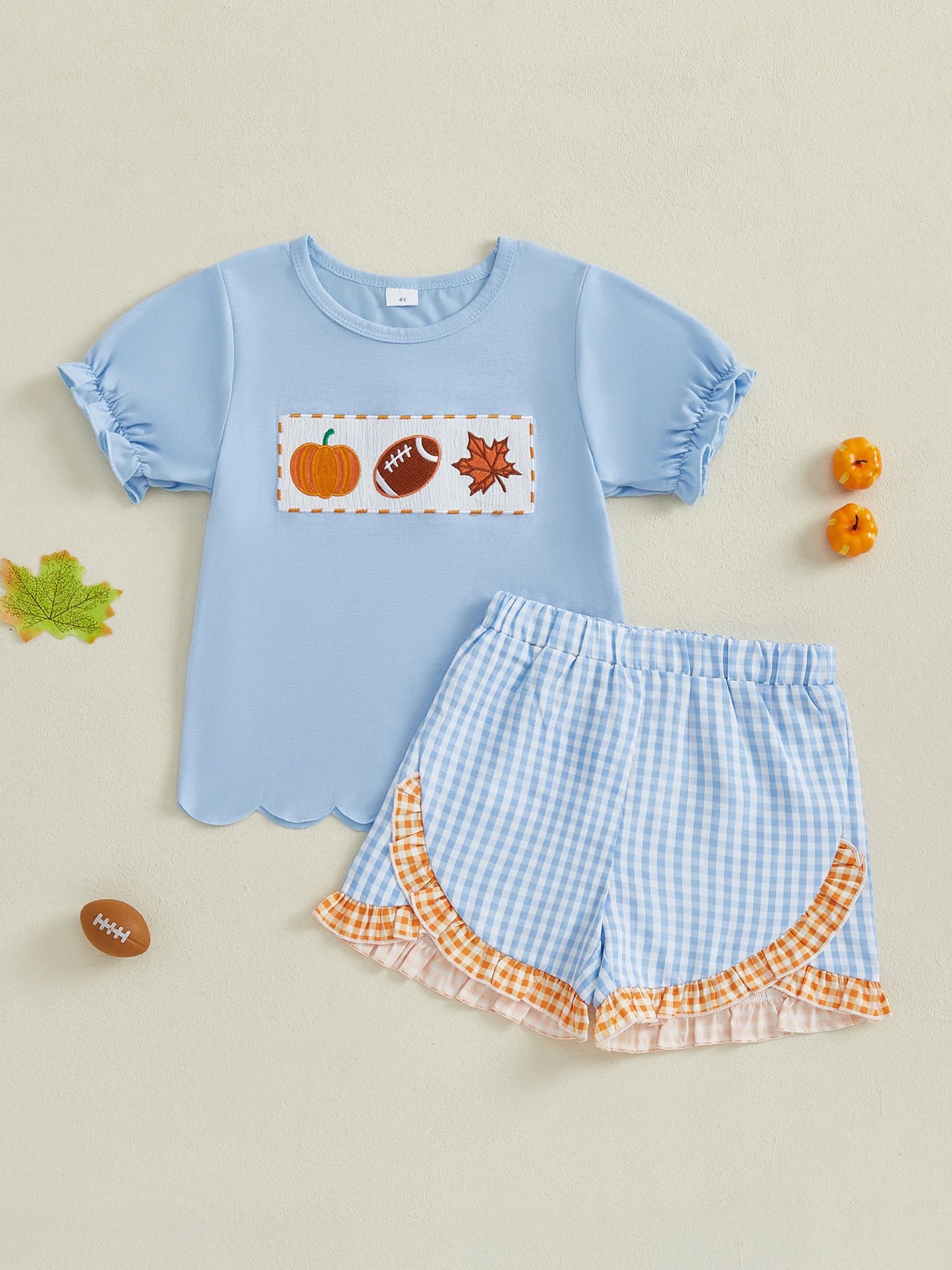 Baby Girls Halloween Costume Embroidered Tee With Plaid Ruffle Shorts Set