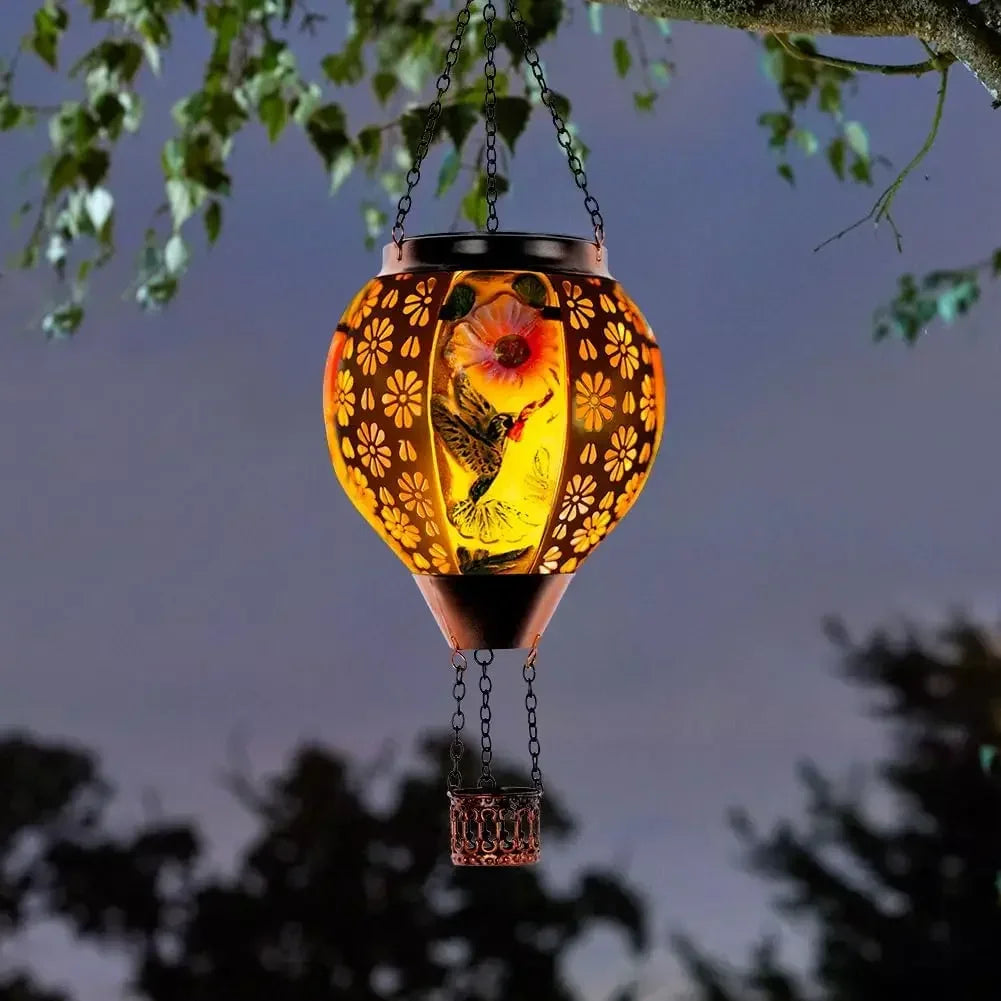 Hummingbird Solar Lantern Hot Air Balloon With Metal And Glass
