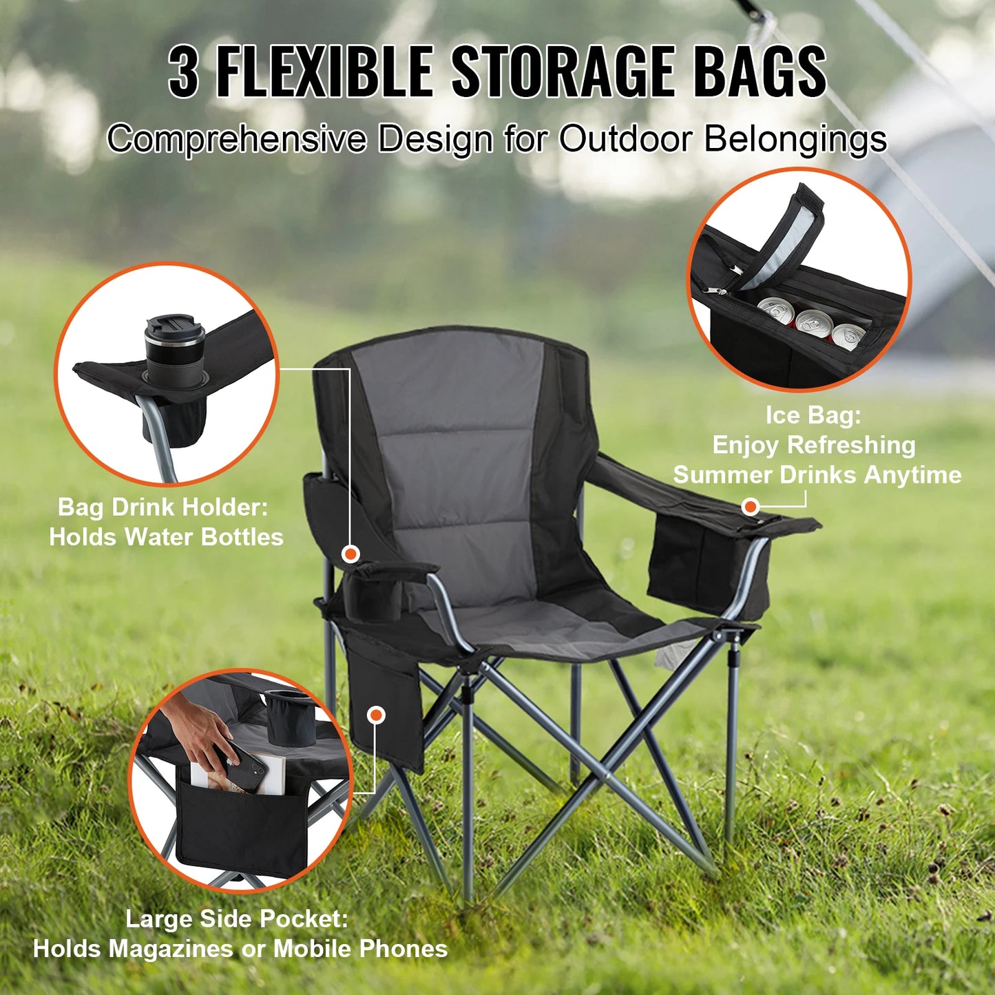 VEVOR Camping Folding Chair For Adults Quad Lumbar Back Padded With Side Pockets