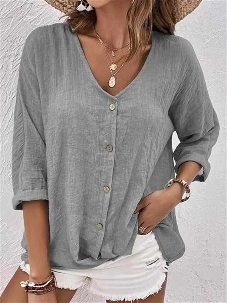 V Neck Long Sleeve T Shirt Button Front Women Topwear