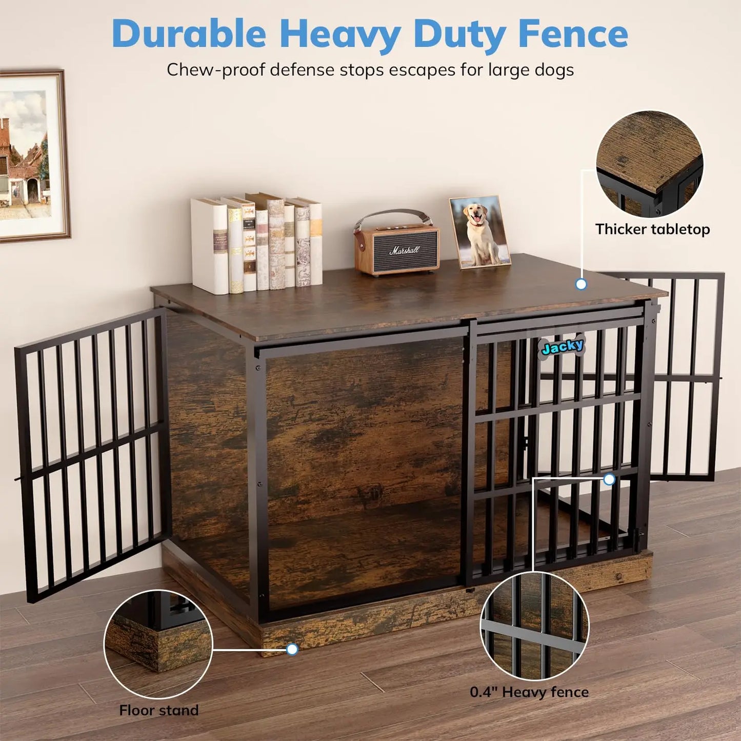47in Wooden Dog Crate with Name Tag, Sliding Barn Door, Heavy Duty Indoor Kennel, Side End Table, TV Stand, Brown, Custom