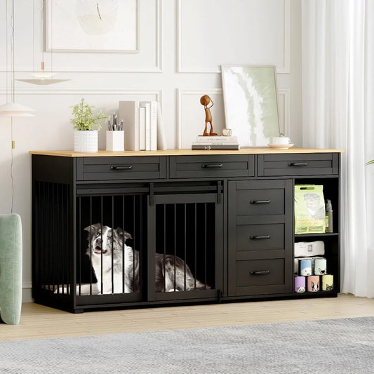 Wooden Heavy Duty Dog Crate Table With Storage Shelves