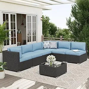 7 Piece Outdoor Patio Furniture Set Rattan Wicker Glass Table