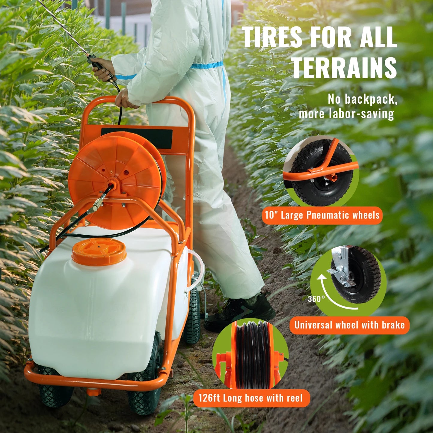 SucceBuy Battery Powered Garden Sprayer With Wheeled Cart Hose Reel