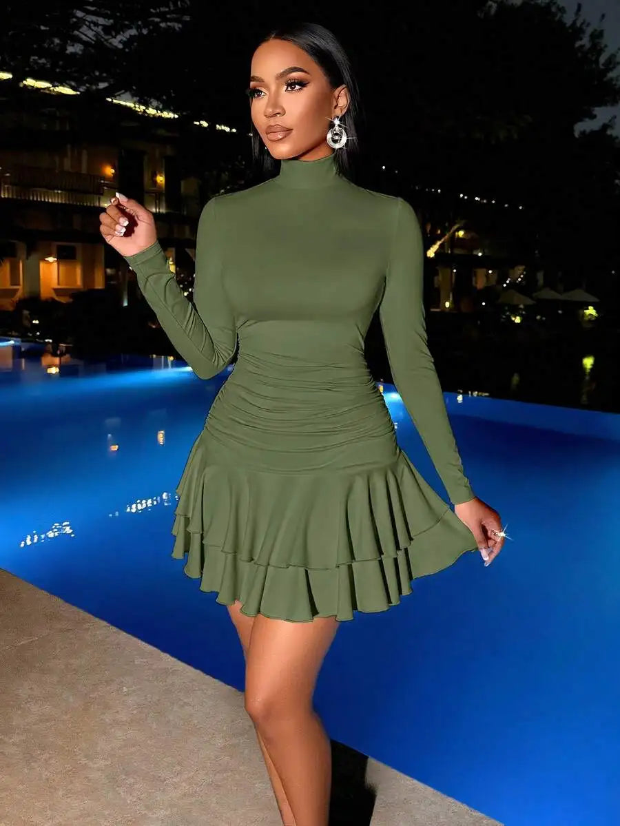 High Neck Long Sleeve Ruched Double Ruffle Mini Dress