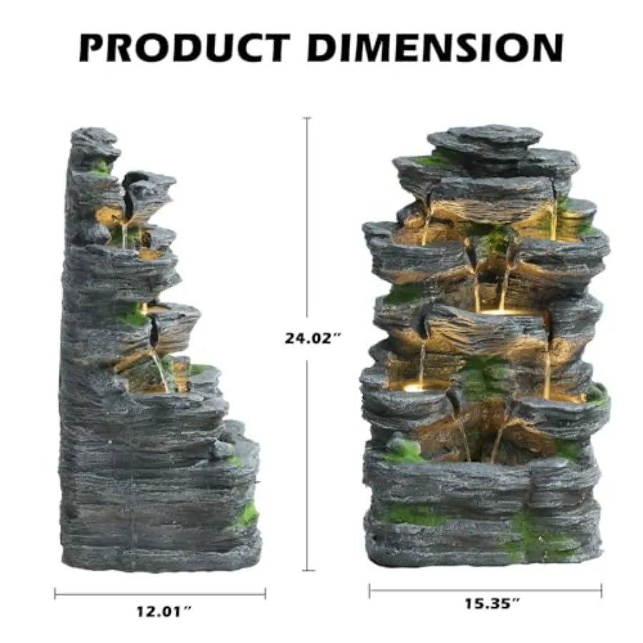 7 Tier Cascading Rock Water Fountain With LED Lights Outdoor