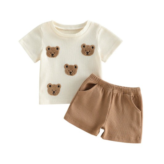 Boys Summer Outfit Set With Bear Embroidery Top And Shorts