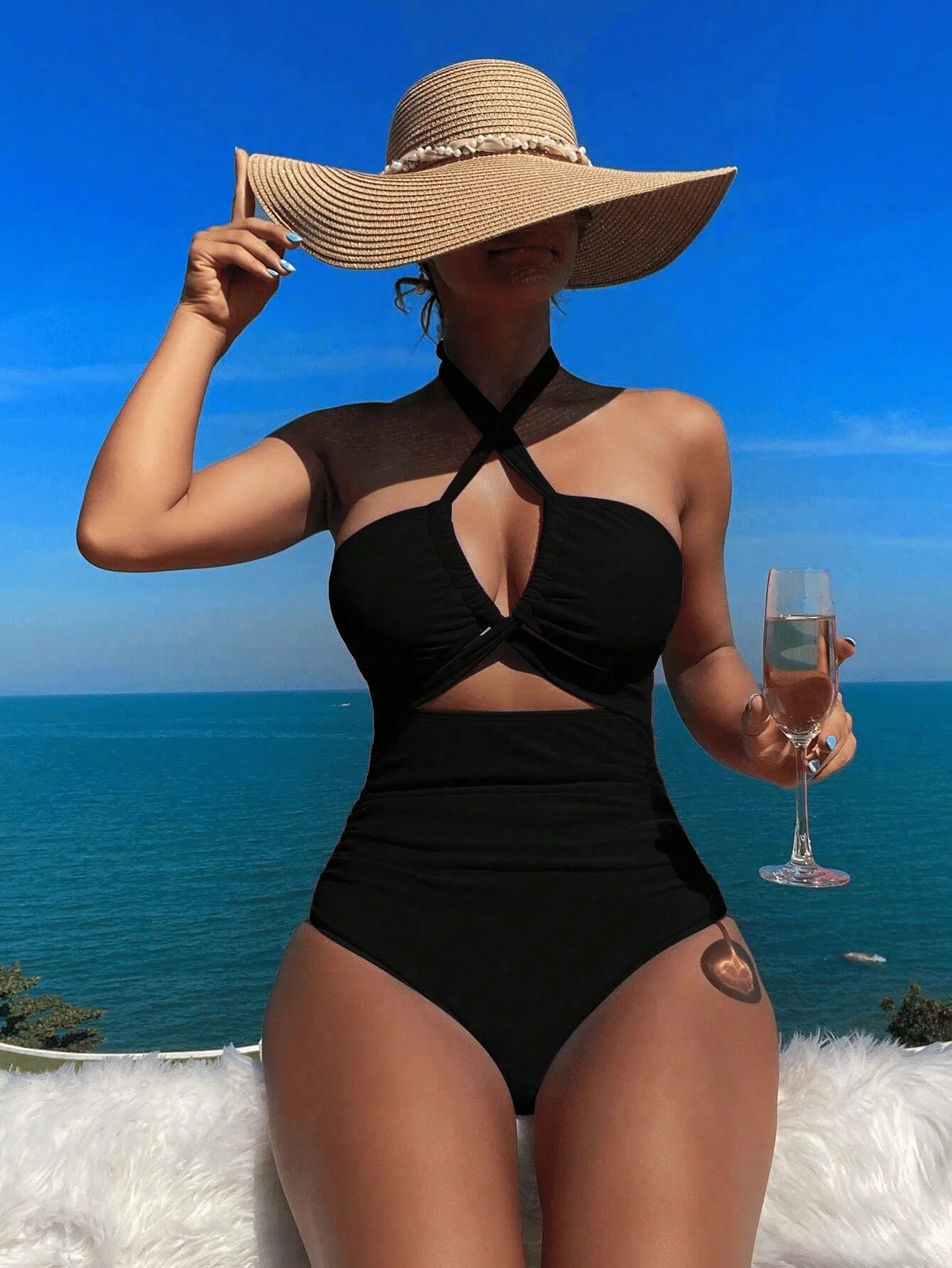 NONECN Hanging Neck Cross Pleated One Piece Bikini Swimsuit