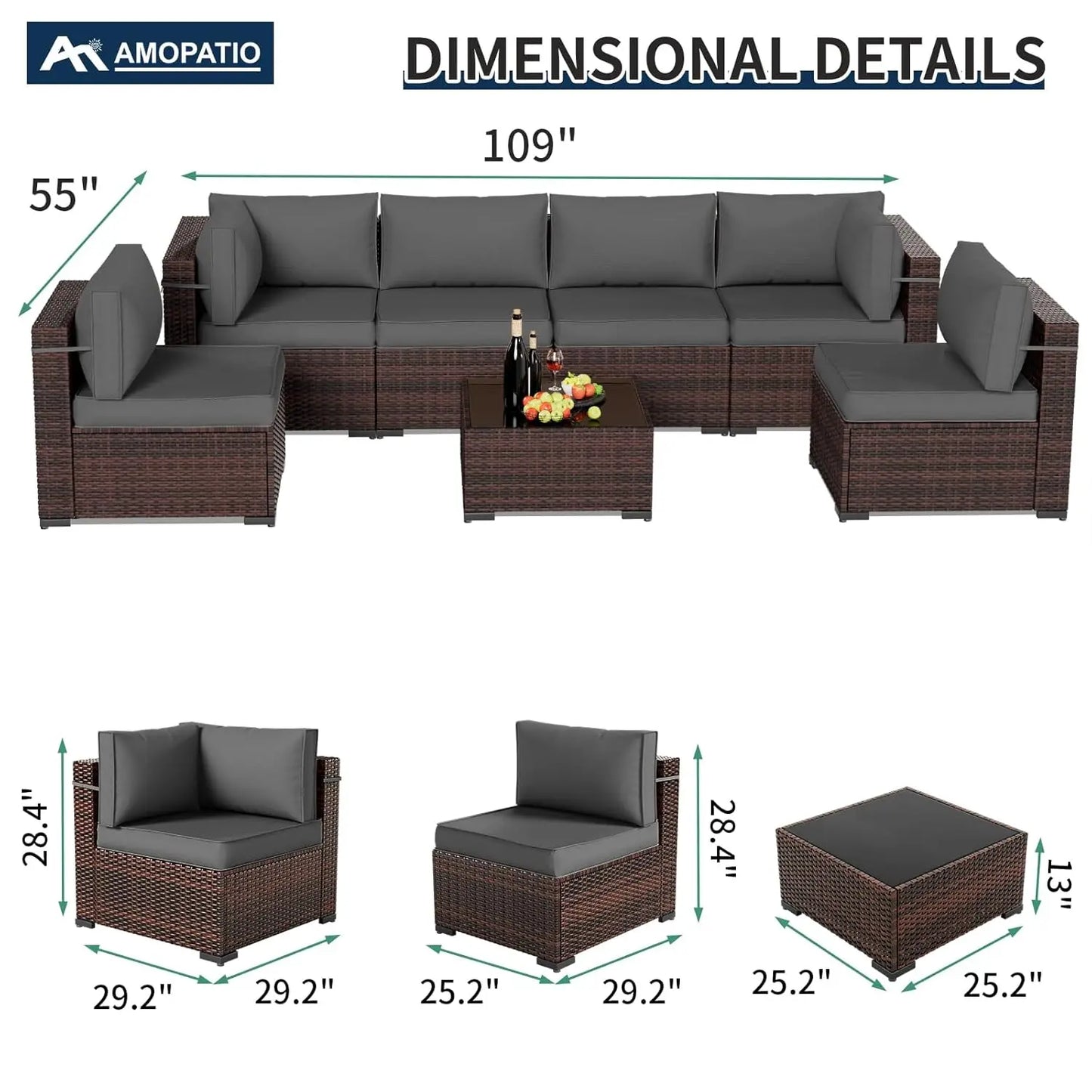 Patio 7-Piece Outdoor Rattan Sofa Set With Glass Coffee Table