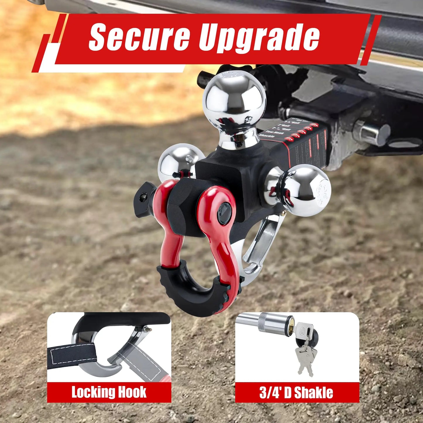 TYT Tri Ball Hitch Mount Locks Tow Hook Clevis Shackle