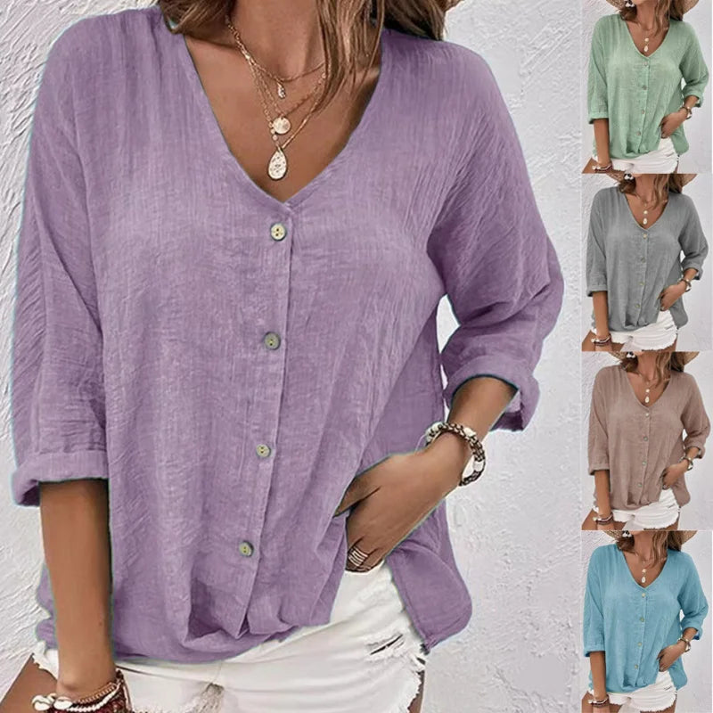 V Neck Long Sleeve T Shirt Button Front Women Topwear