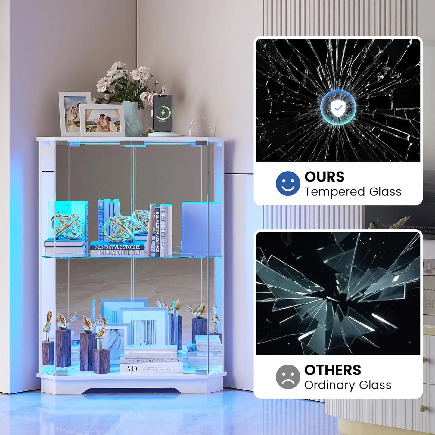 ZHILU Corner Curio Cabinet With Glass Doors LED Charging Station