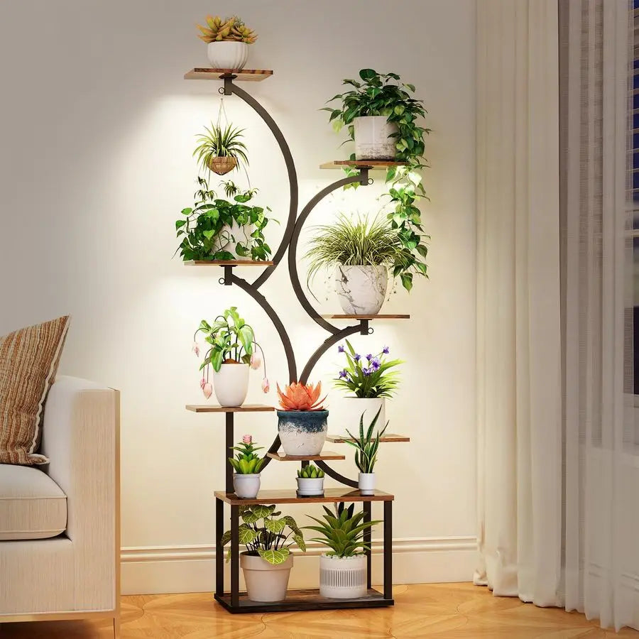 Indoor Plant Stand With Grow Lights S Shaped Rustic Wood