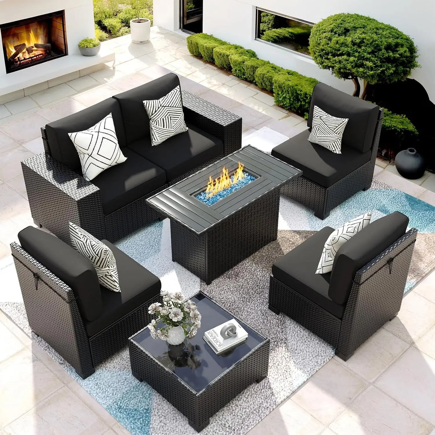 XIAOLANG 7-Piece Outdoor Patio Furniture Set With Fire Pit Table