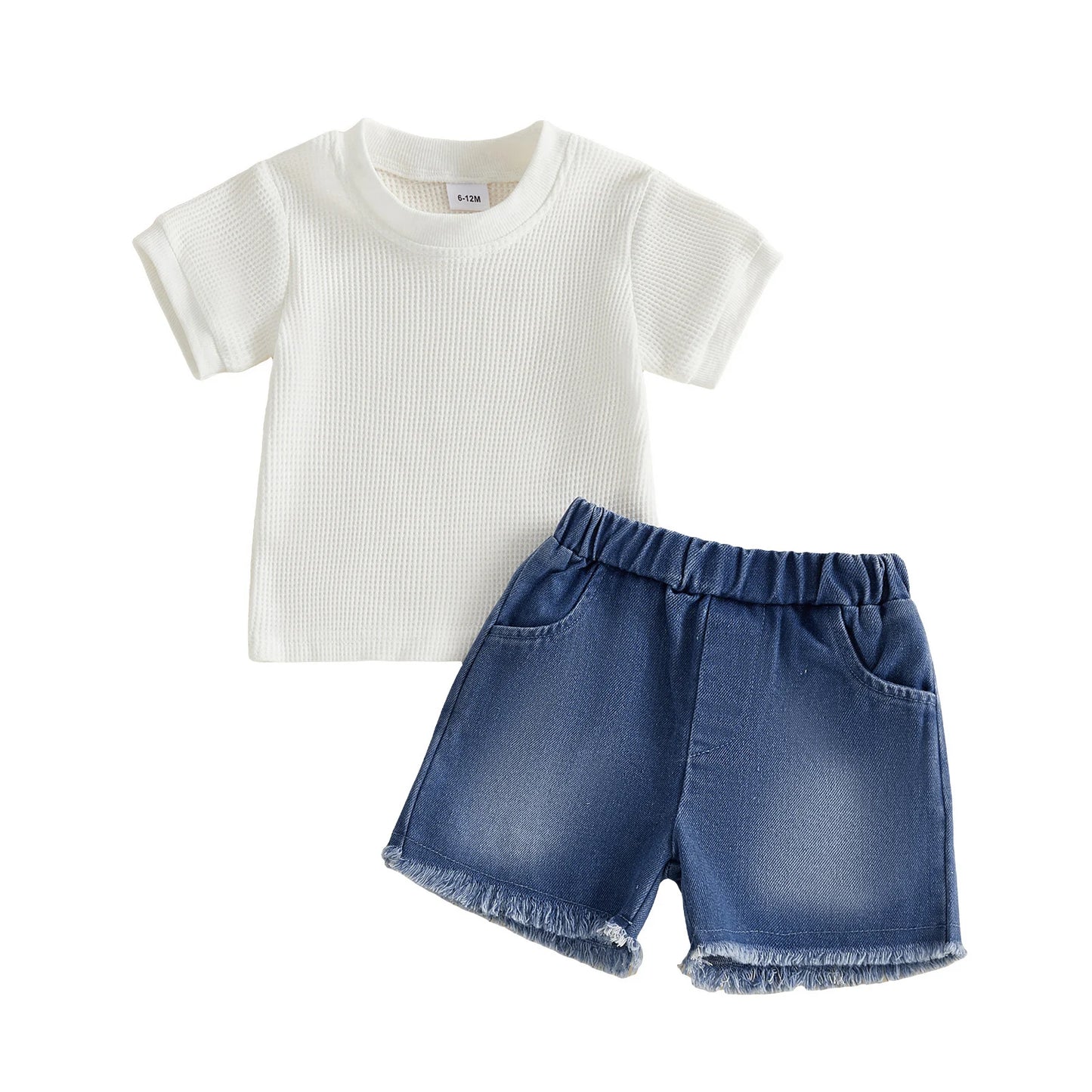 Two-Piece Infant Summer Outfit Set Crew Neck Tops Denim Shorts