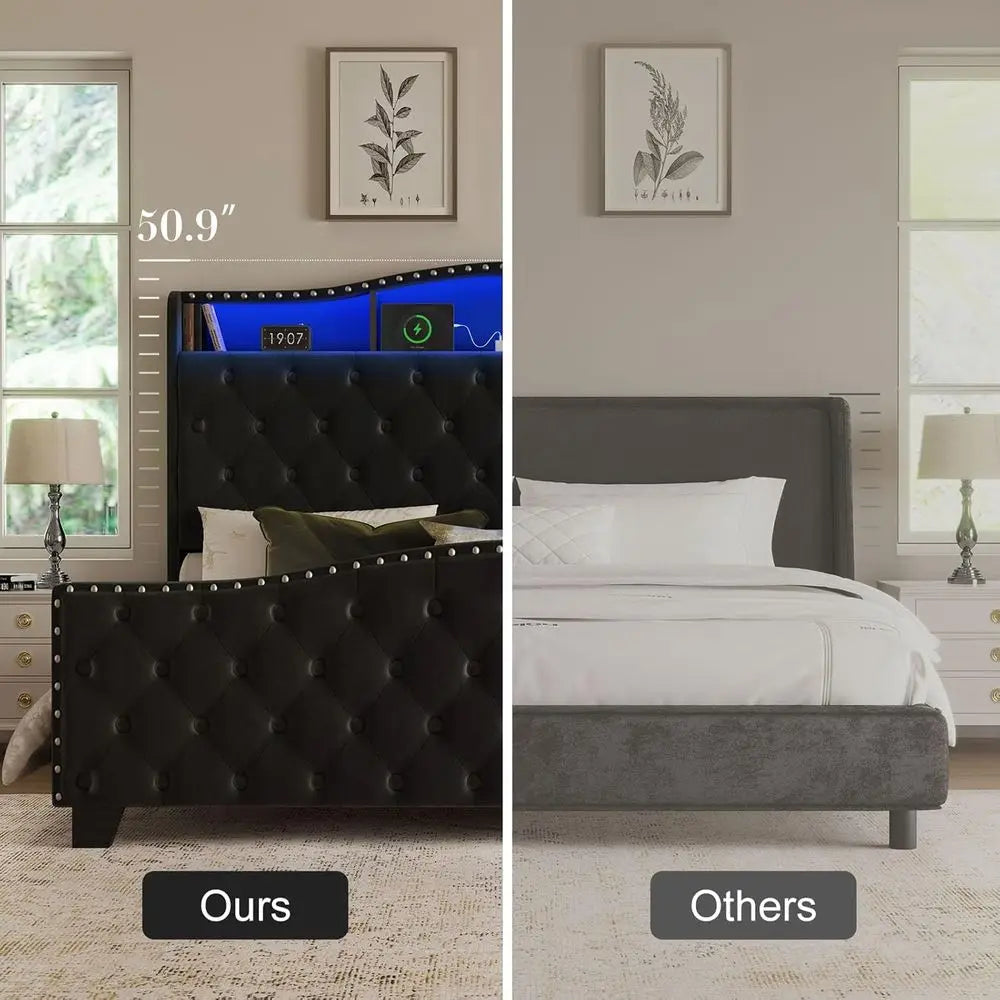 Wingback Velvet Upholstered Bed With LED Lights Storage Charging