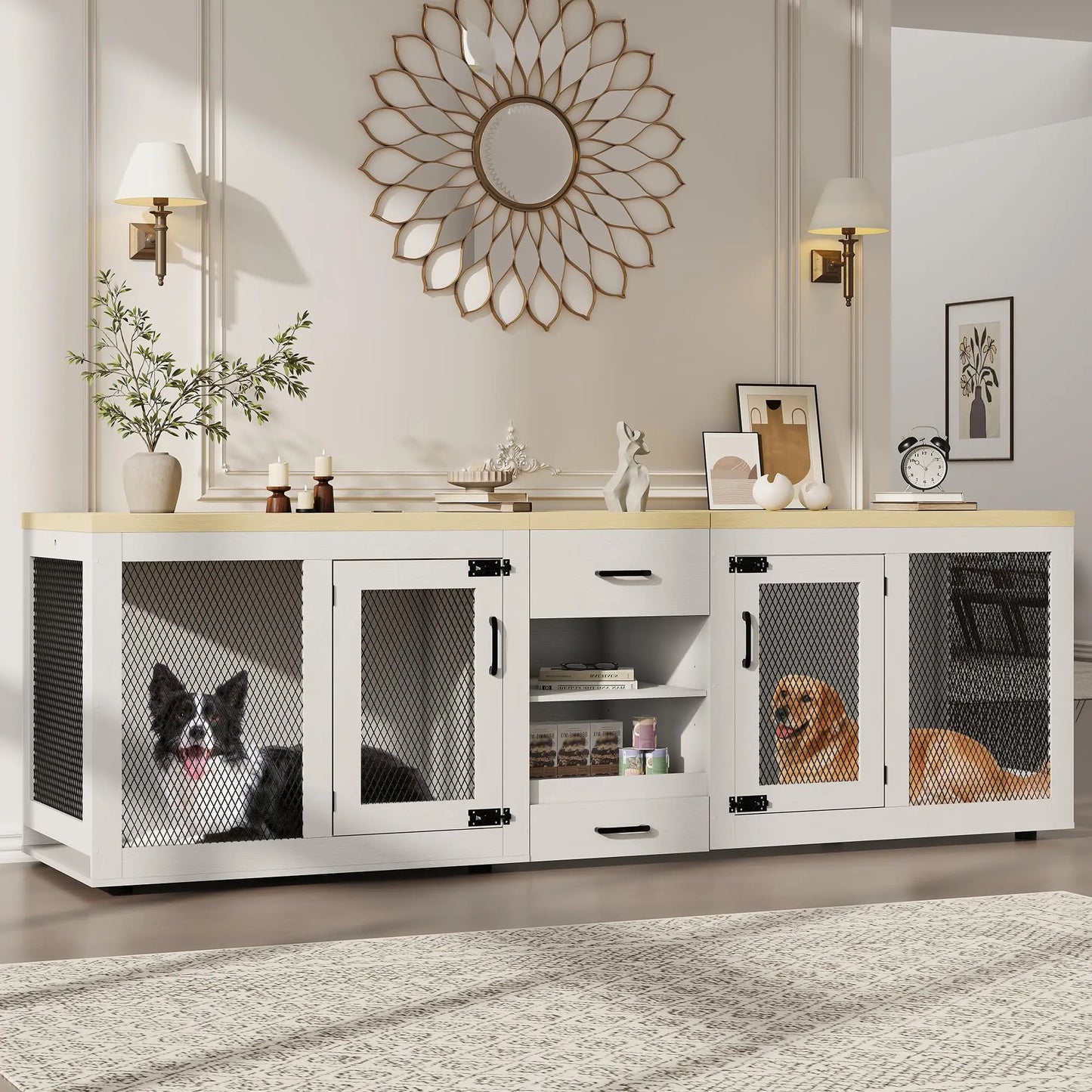 HiMISS Dog Crate TV Stand With Feeding Station And Storage