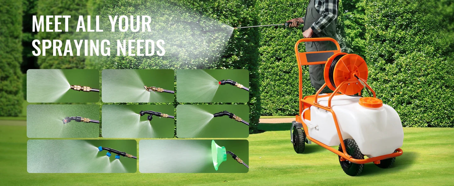 SucceBuy Battery Powered Garden Sprayer With Wheeled Cart Hose Reel