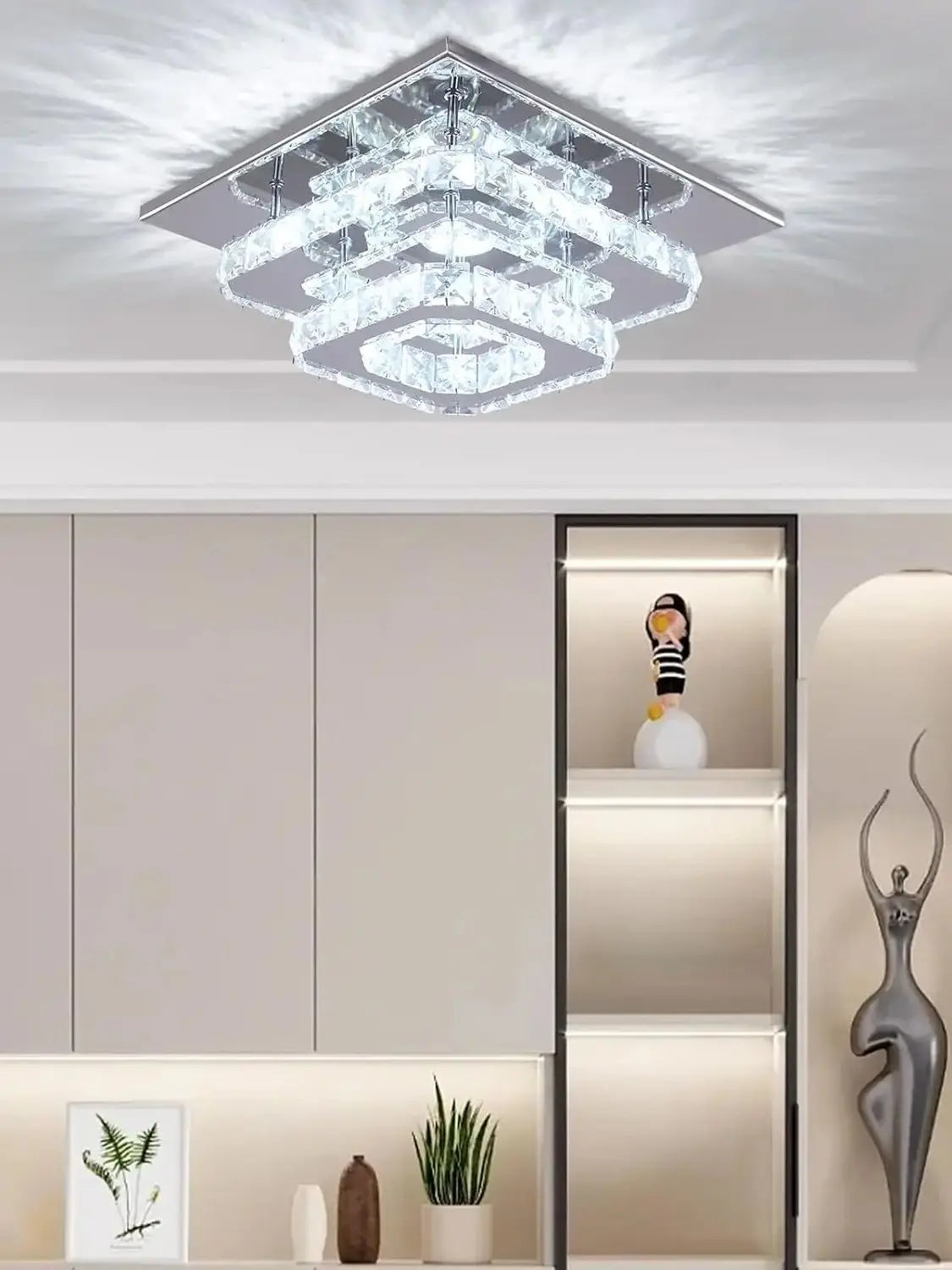 FRIXCHUR Crystal Flush Mount LED Ceiling Light Square K9 Mirror Base