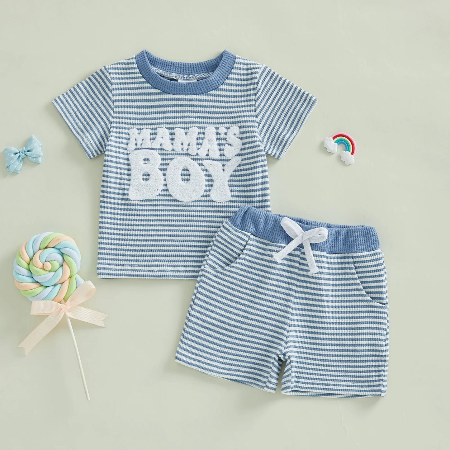 NONECN Baby Boy Summer Clothes Set Embroidered Striped Tee Shorts