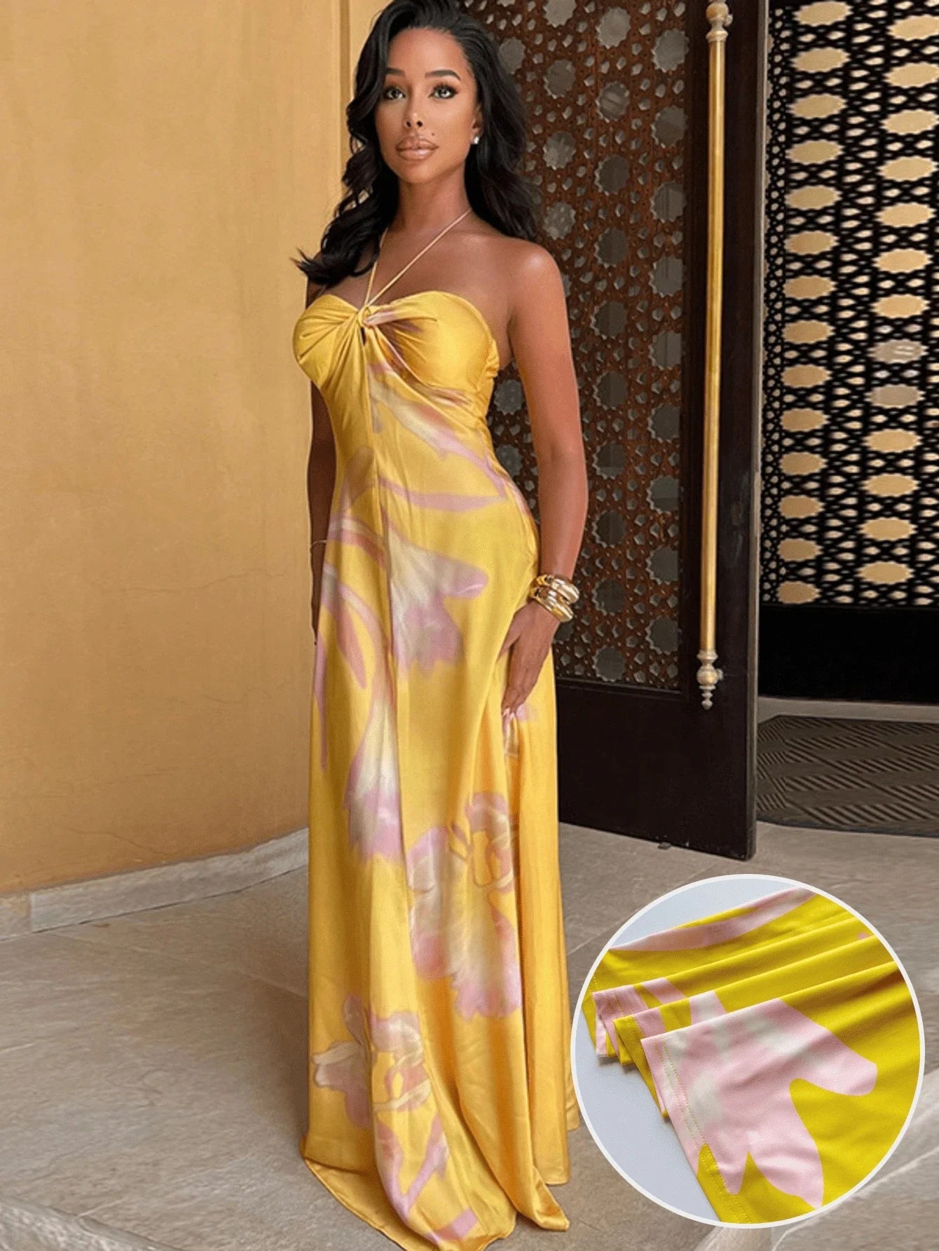 Abstract Print Halter Maxi Dress Satin Gown For Women Beach Wedding Guest