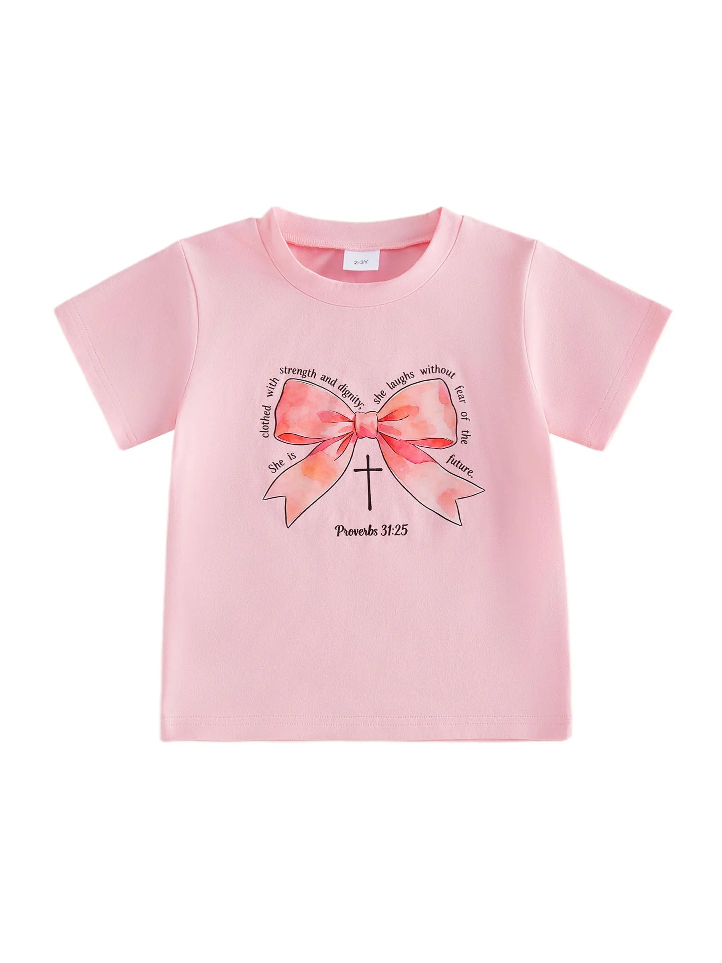 Infant Girls Round Neck Short Sleeve Top With Bow Print