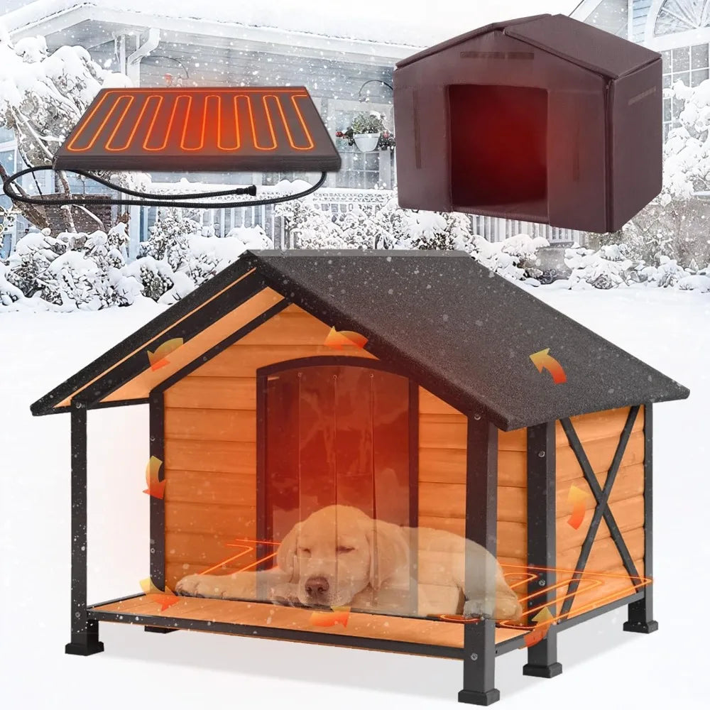 Heated Wooden Outdoor Dog House Kennel With Heating Pad