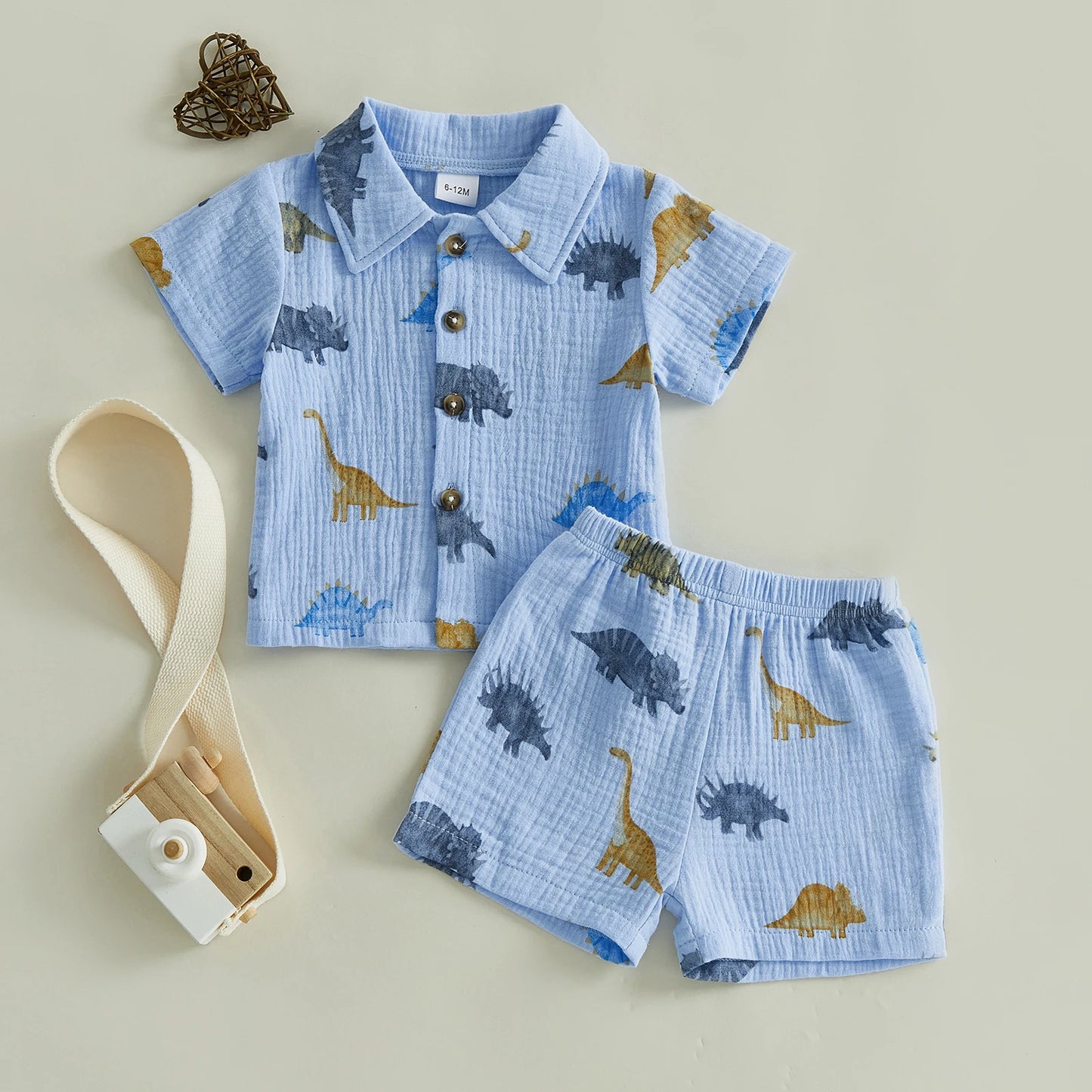 Dino Themed Children Shirt Shorts 2 Piece Summer Set
