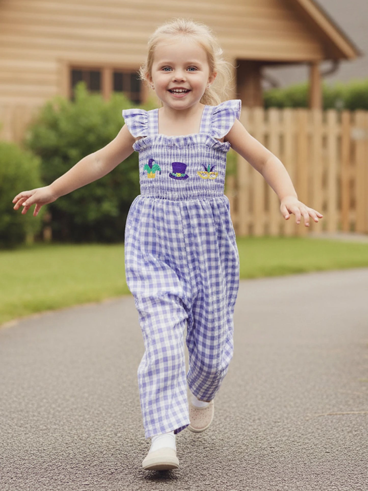 Girls Floral Embroidered Plaid Jumpsuit with Ruffle Sleeves