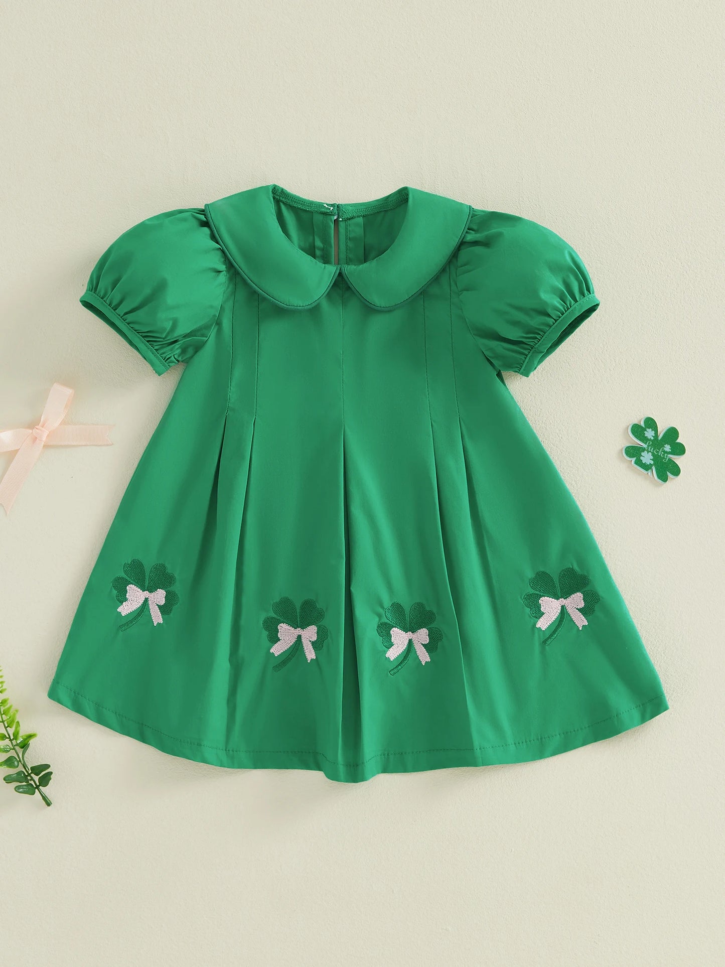 St Patrick Day Toddler Girl Dress With Shamrock Embroidery And Peter Pan Collar