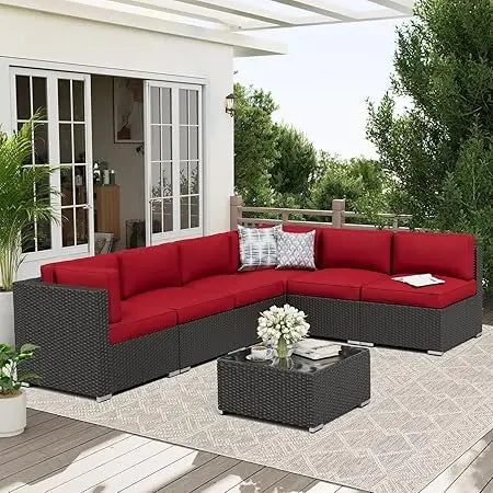 7 Piece Outdoor Patio Furniture Set Rattan Wicker Glass Table
