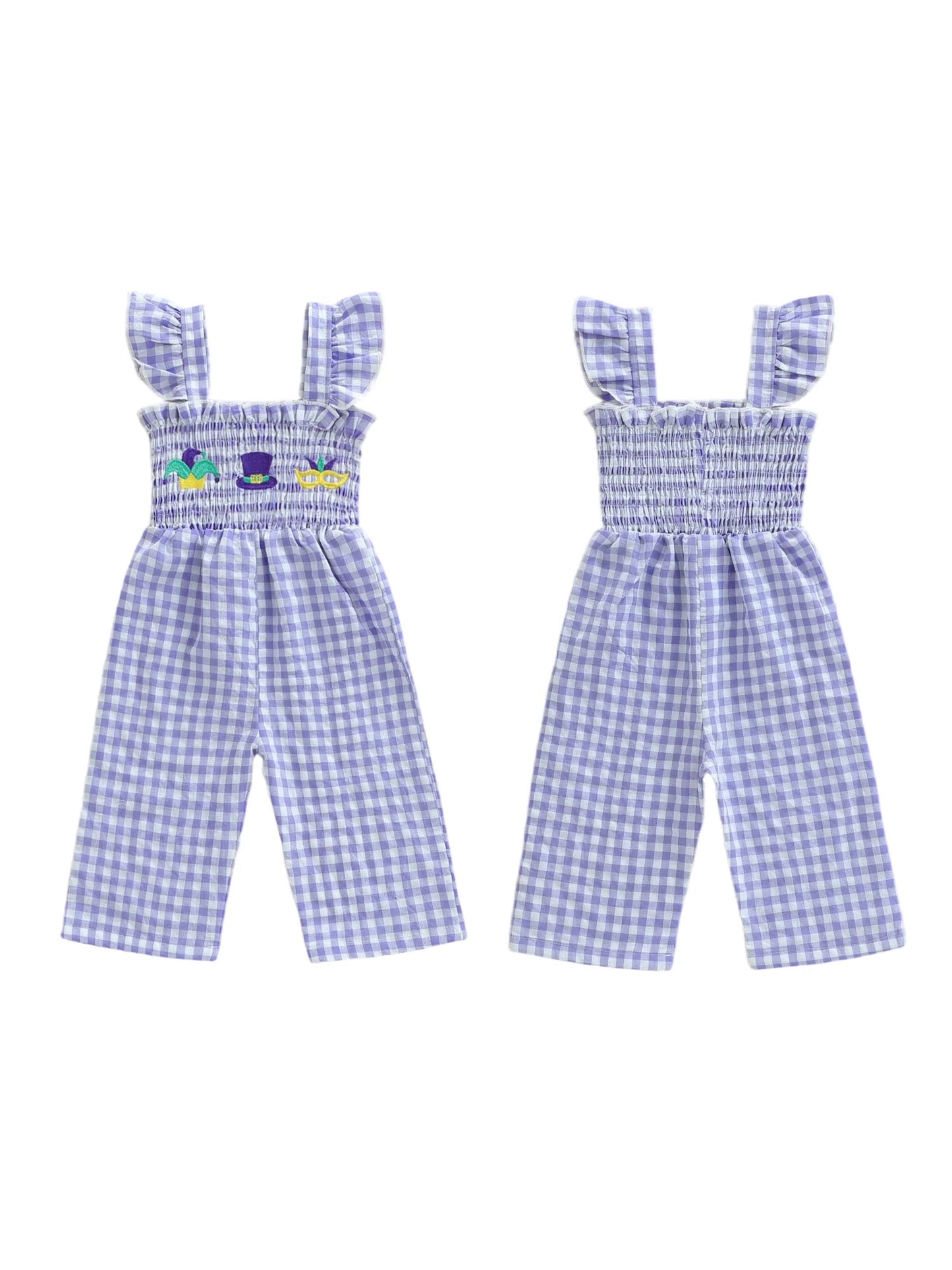 Girls Floral Embroidered Plaid Jumpsuit with Ruffle Sleeves