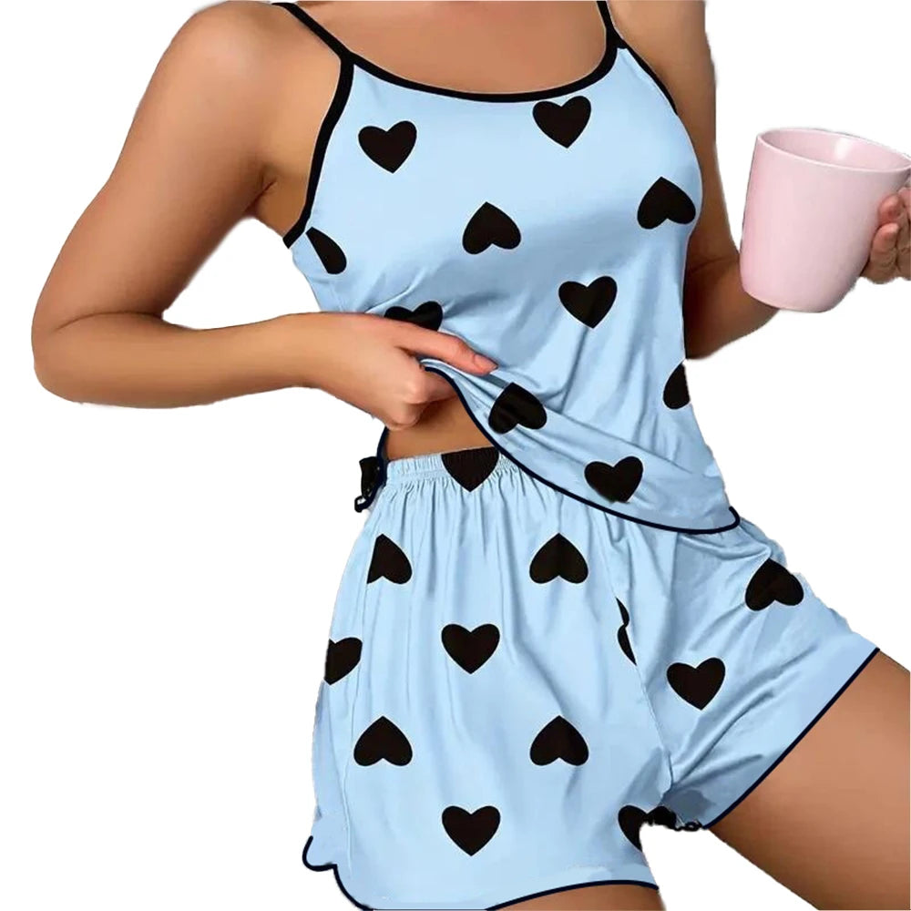 Women Pajama Set Sleeveless T Shirt Shorts Heart Print Summer