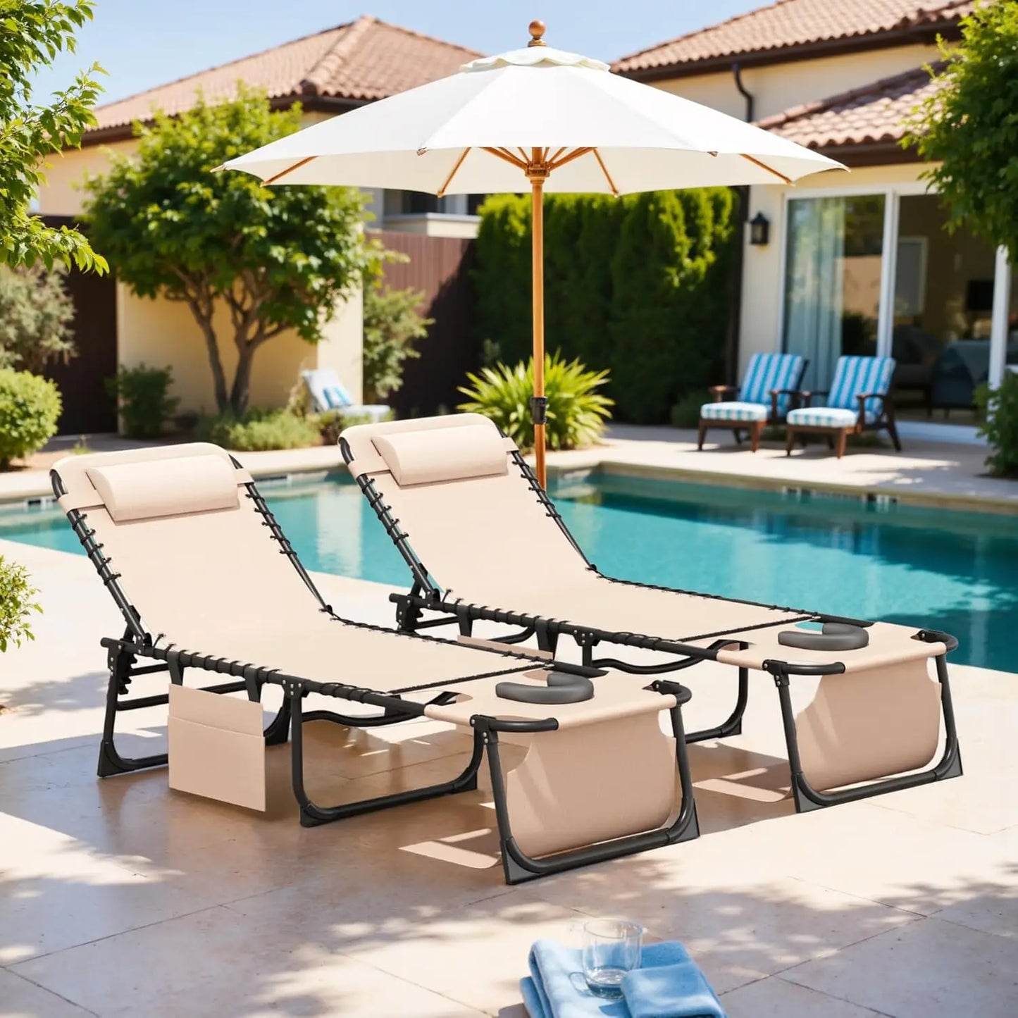 Beach Lounge Chair Outdoor Heavy Duty Folding Sun Tanning Chair