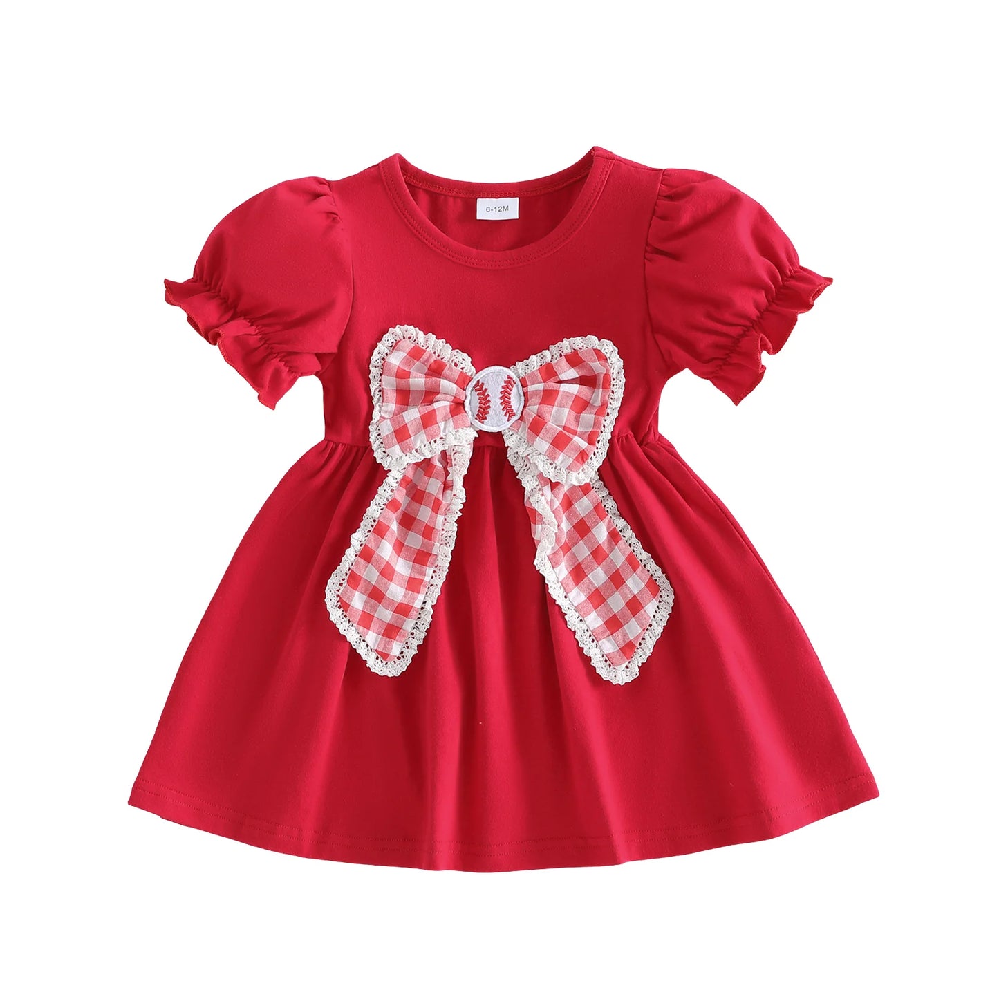 Girls Toddler Plaid Bowknot Dress With Baseball Theme Short Sleeve Casual