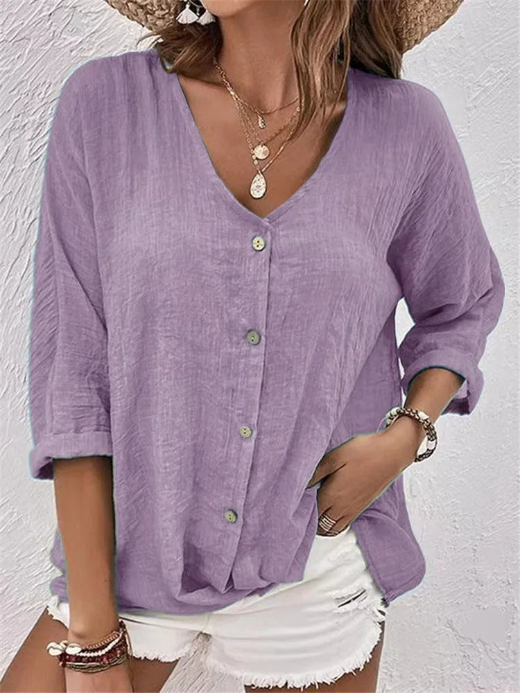 V Neck Long Sleeve T Shirt Button Front Women Topwear