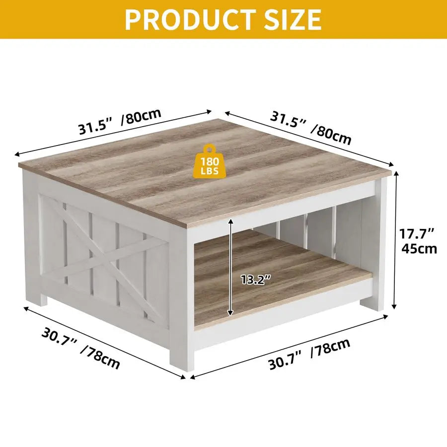 Square Farmhouse Coffee Table With Storage 2 Tier Wood Center