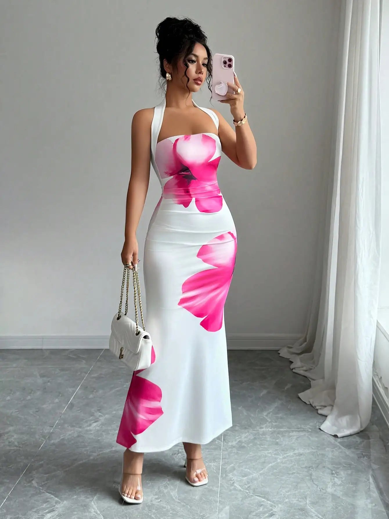 Halter Neck Floral Print Slim Fit Midi Dress For Summer