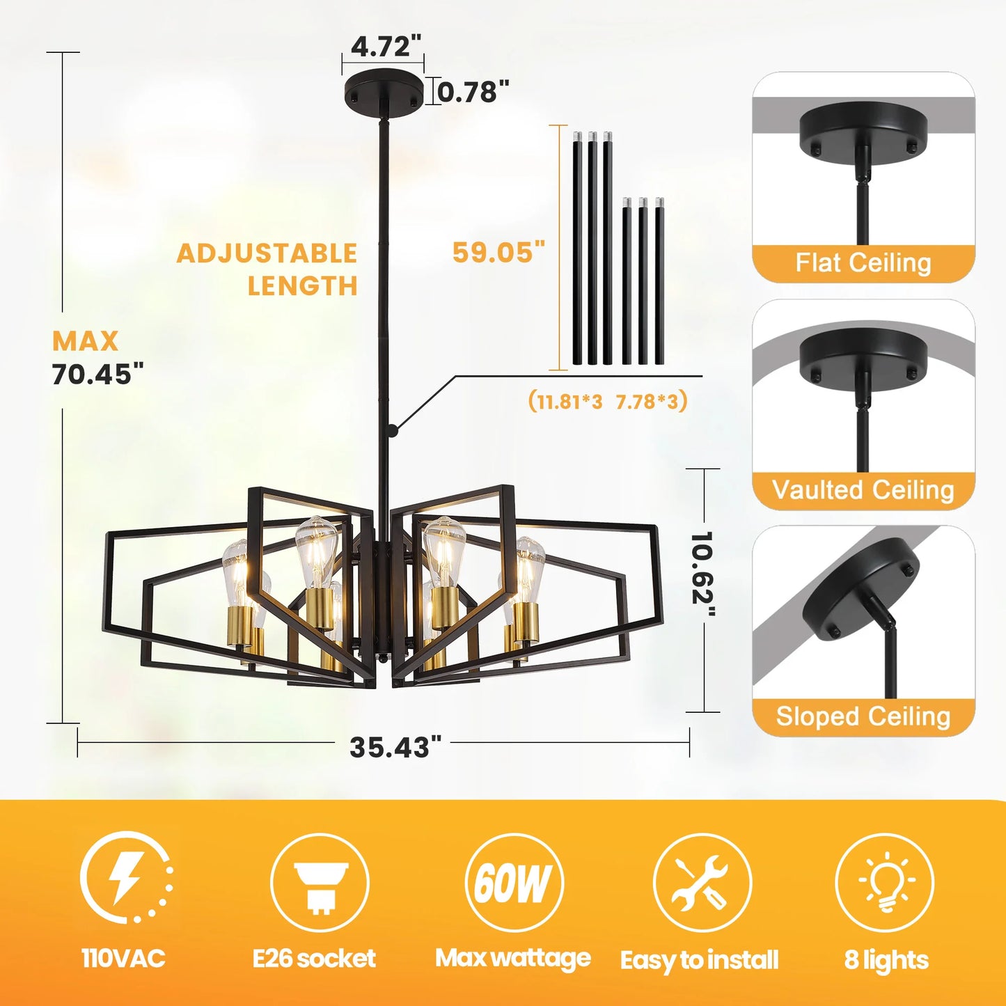 Geometric 8-Light Adjustable Height Chandelier Black Frame And Gold Accents