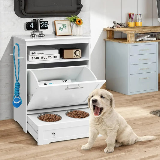 Pet Feeder Station With Double Pull Out Bowls And Cabinet