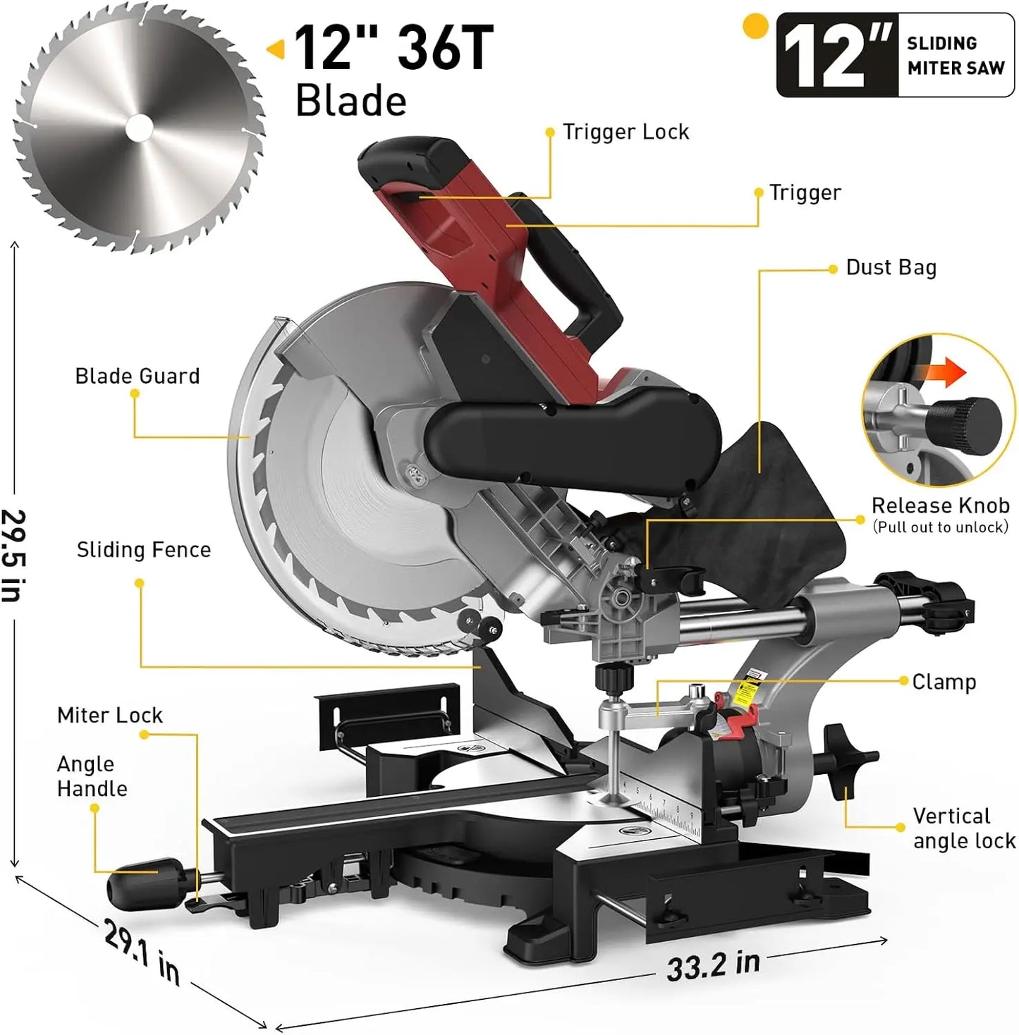 Marvtool JS-1207C3 Sliding Compound Miter Saw Dual-Bevel 0-45 Degrees