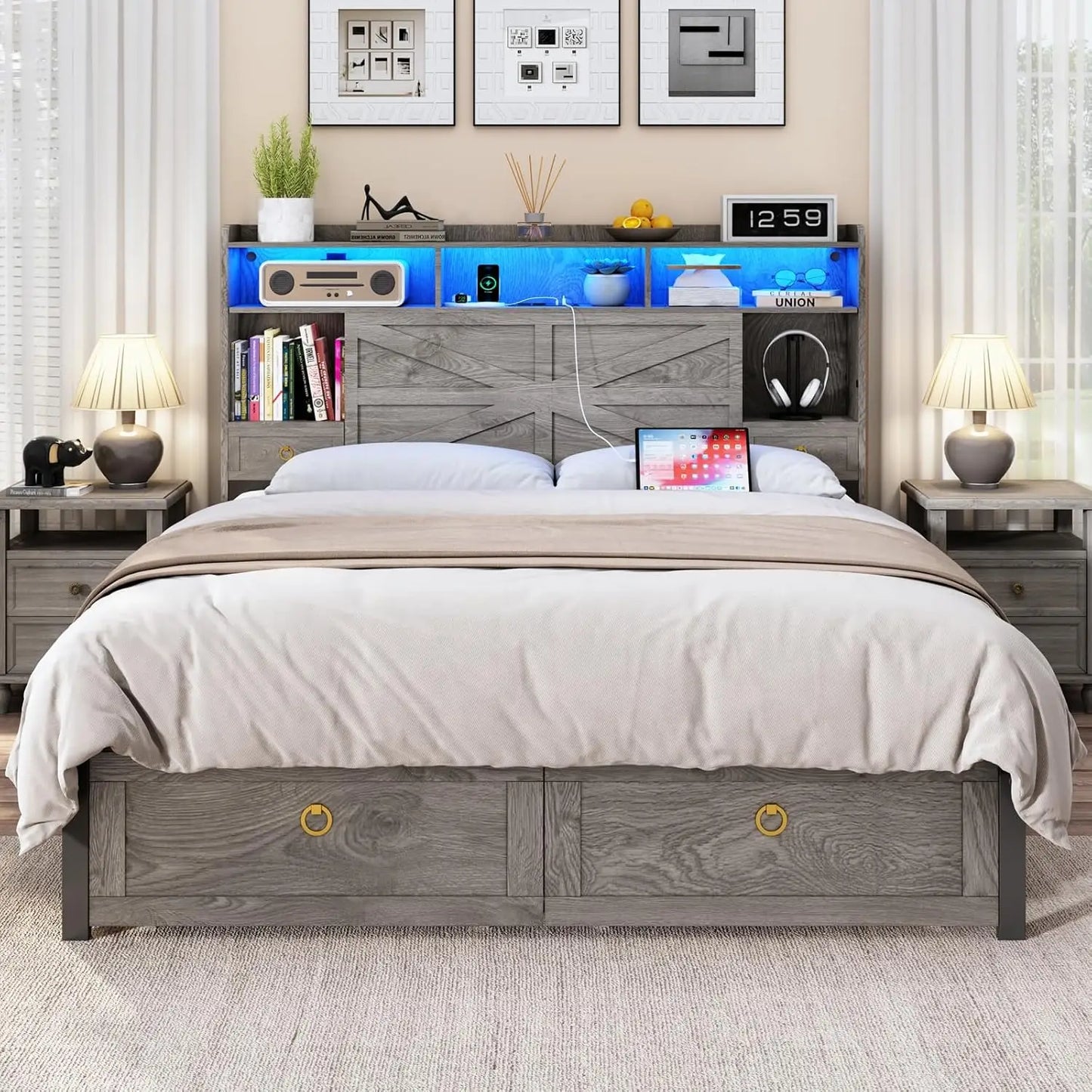 Farmhouse Metal Bed Frame With LED Lights And Charging Station